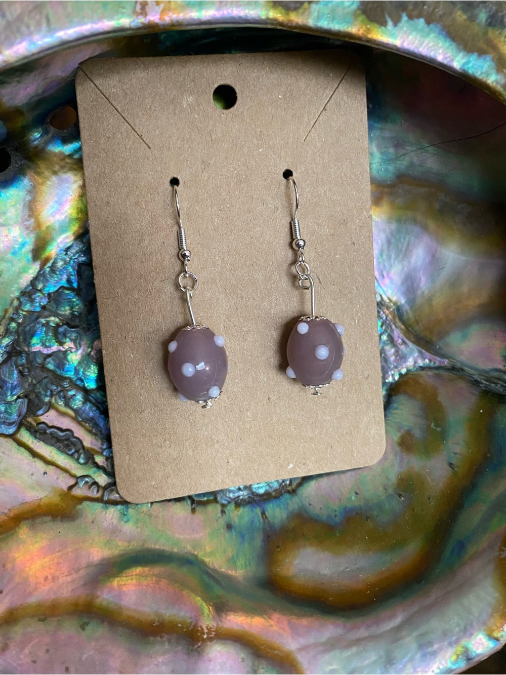 Handmade Pastel Purple Polka Dot Glass Drop Earrings —Silver Hooks